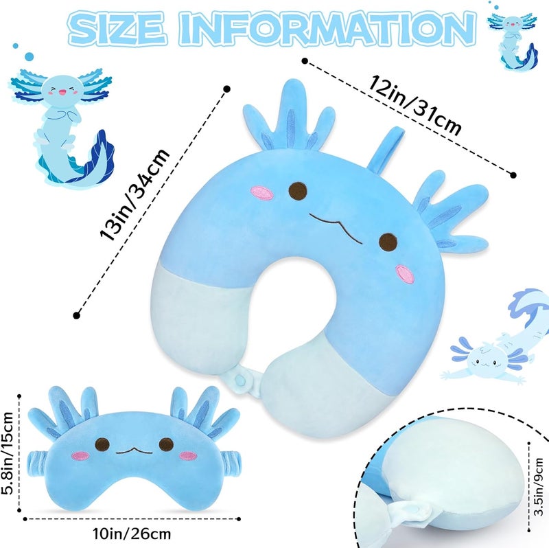 JEROKUMI Kids Neck Pillows for Travel, Travel Pillow with Eye Mask Cartoon Axolotl U Shaped Neck Pillow for Sleeping Travel, Head Support Neck Pillow for Kids Teens Airplane Roadtrip Car - Image 3